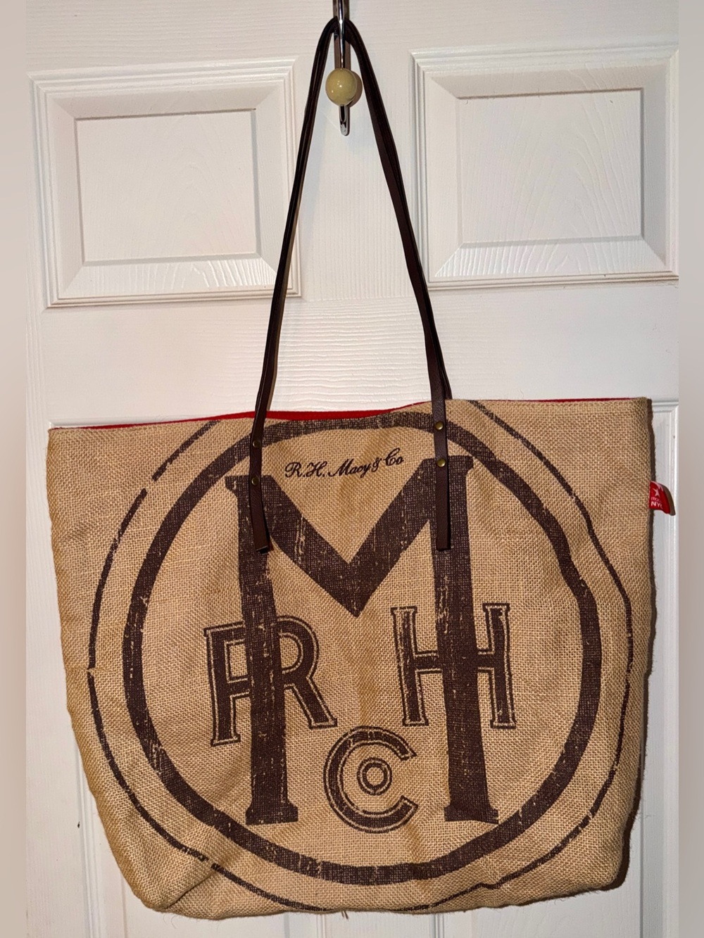 R.H. Macy & Co. Natural Jute Burlap Tote Bag Red Lining